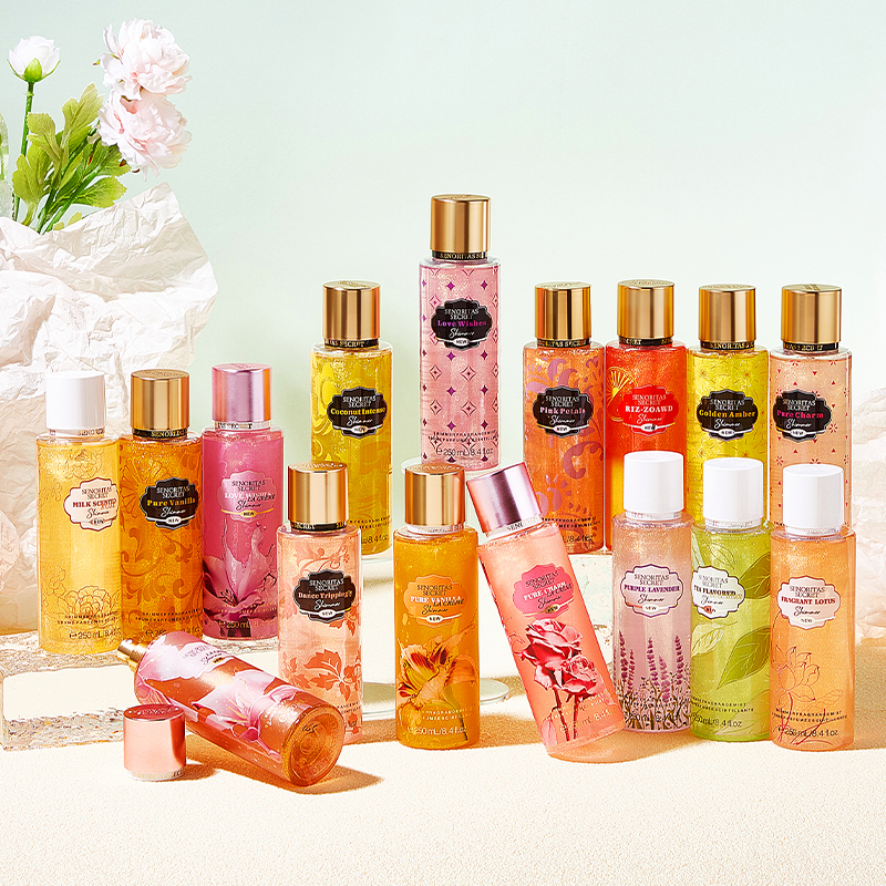 250 ml-es testpermet illatosított, csillogó csillogó, virágos illatú Fine Mist testpermet nőknek